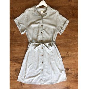 HM light dusky green short sleeve linen-blend collard shirt dress tie